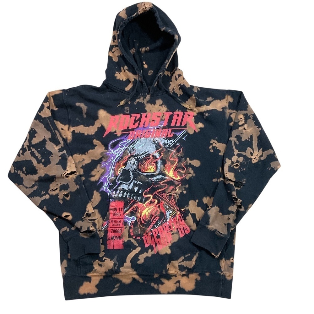 Rockstar Original Bleach Skull Hoodie sz Large Heavily Distressed Flame Graphic
